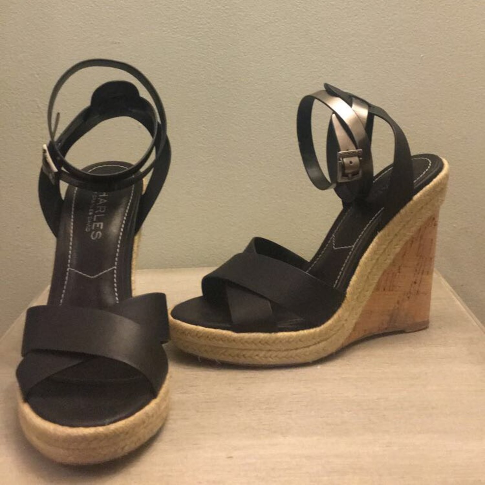Charles David, Wedge Sandals, Black/Gunmetal 6